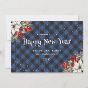 Blue Plaid Snow Botanical New Year Card
