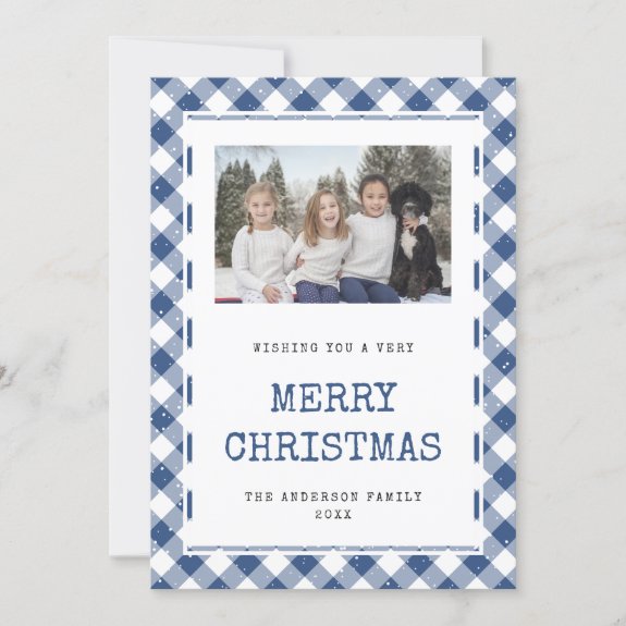 Blue Plaid Snow Photo Merry Christmas Card