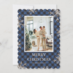 Blue Plaid Snowflake Photo Merry Christmas Holiday Card