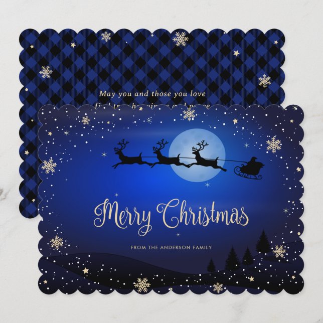 Blue Plaid Snowflake Reindeer Santa Claus Holiday Card (Front/Back)