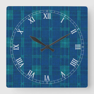 Blue Plaid Square Roman Numerals Clock