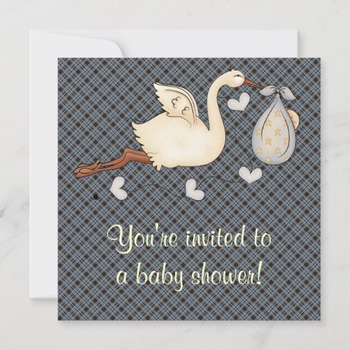 Blue Plaid Stork Baby Boy Shower Invitation