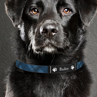 Blue Plaid Tartan Pattern With Paws And Name Pet Collar