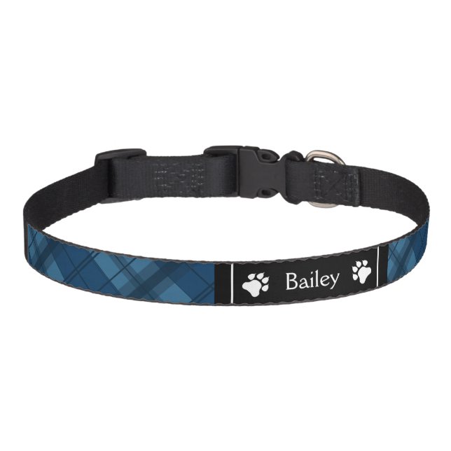 Blue Plaid Tartan Pattern With Paws And Name Pet Collar (Front)