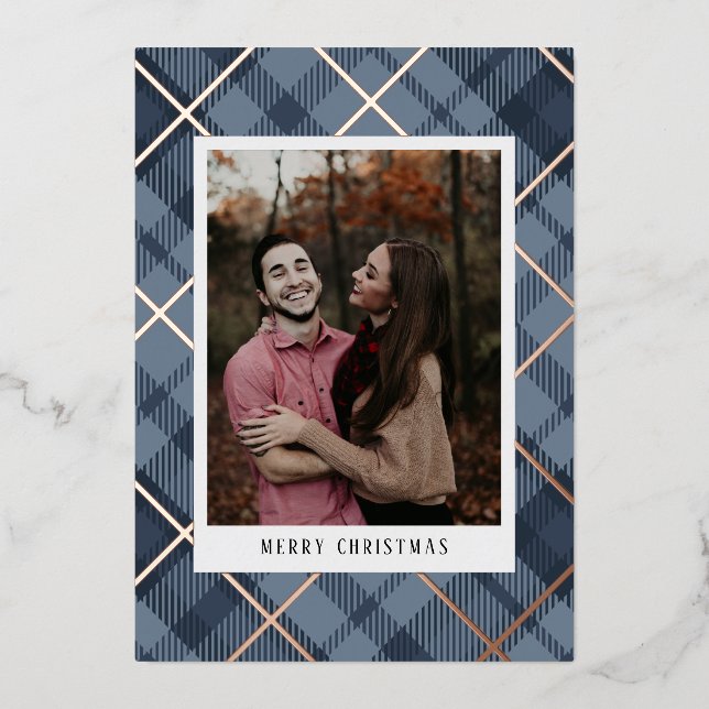 Blue Plaid Tartan Photo Christmas Real Foil Holiday Card (Front)
