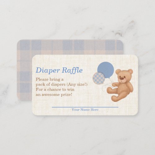 Blue Plaid Teddy Bear Baby Shower Diaper Raffle Enclosure Card