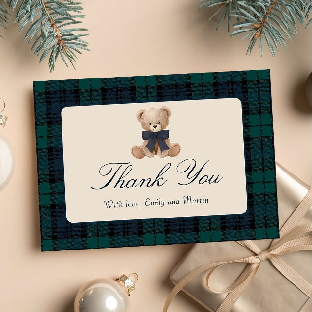 Blue Plaid Teddy Bear Baby Shower Thank You Card (Creator Uploaded)