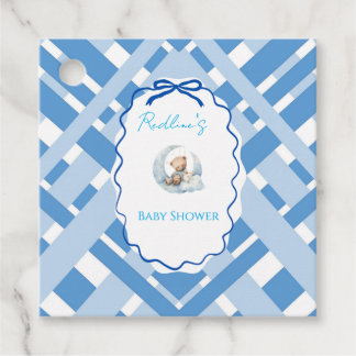Blue Plaid Teddy Bear & Ribbon Boy Baby Shower Favor Tags