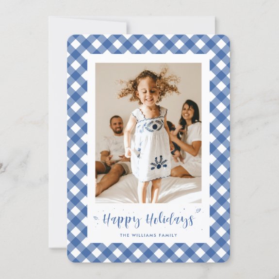 Blue Plaid Typography Photo Happy Holiday Card