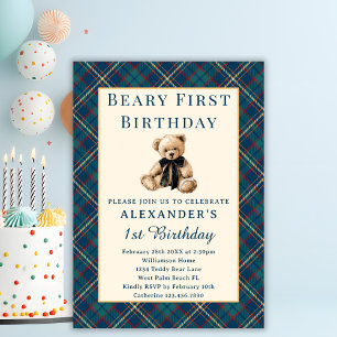 Blue Plaid Vintage Beary First Boy 1st Birthday Invitation