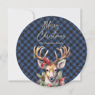 Blue Plaid Watercolor Deer Christmas Holiday Card
