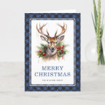 Blue Plaid Watercolor Deer Merry Christmas Photo Holiday Card