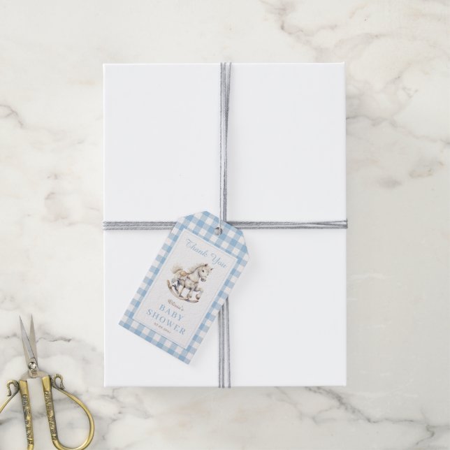 Blue Plaid Watercolor Rocking Horse Baby Shower Gift Tags (With Twine)