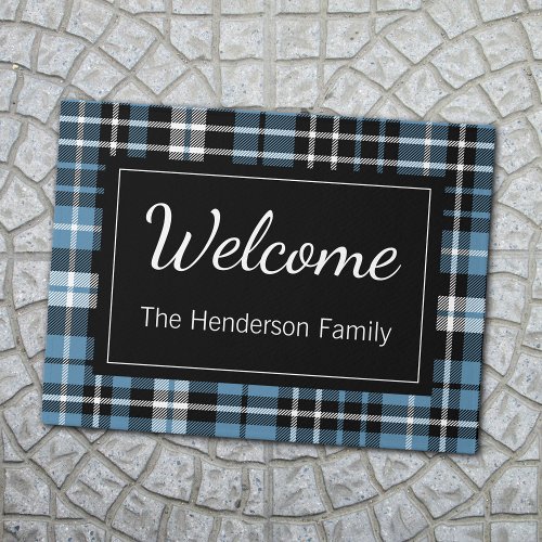 Blue Plaid Welcome Monogrammed Family Name  Doorma Doormat