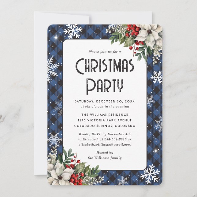 Blue Plaid Winter Botanicals Christmas Party Invitation (Front)