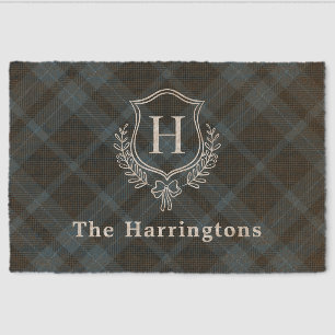 Blue Plaid Winter Monogram Crest Initial Fiber Doormat