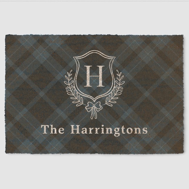 Blue Plaid Winter Monogram Crest Initial Fiber Doormat (Front)