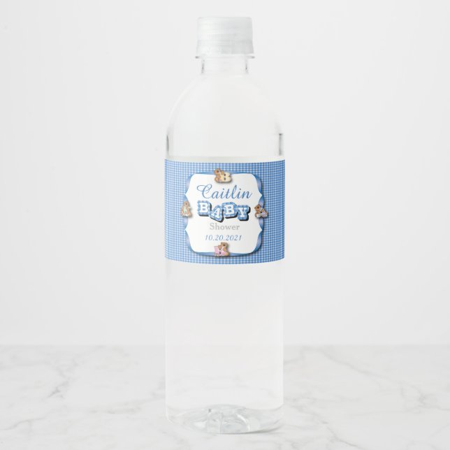 Blue Plaid with Baby Bears | Baby Boy Shower Water Bottle Label (Front)