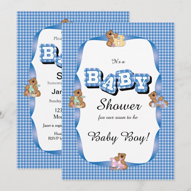 Blue Plaid with Baby Bears | Baby Shower Invitation (Front/Back)