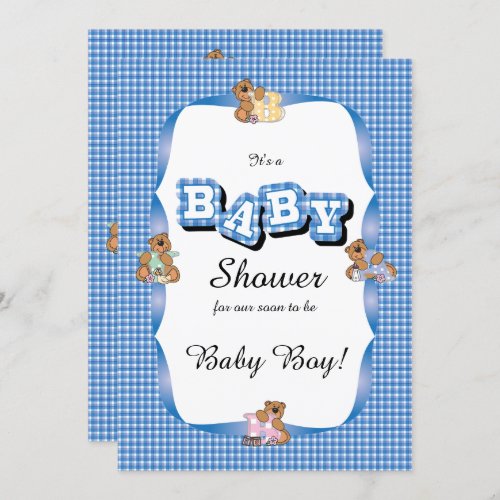 Blue Plaid with Baby Bears  Baby Shower Invitation