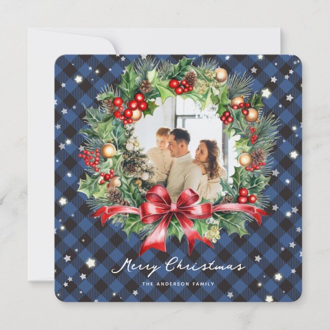 Blue Plaid Wreath Stars Photo Merry Christmas Card (Front)