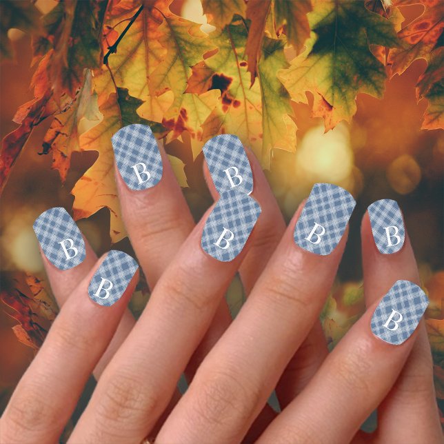 Blue Plaids & Checks Monogram Customize Minx Nail Art (Creator Uploaded)
