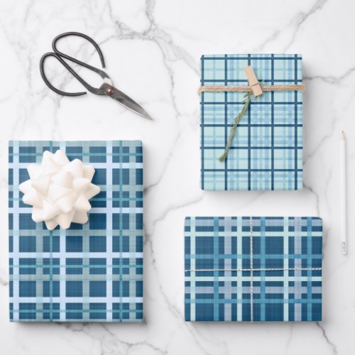 Blue Plaids Complementary Set of 3 Assorted  Wrapping Paper Sheets