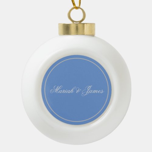 Blue Plain Elegant Minimalist Names Calligraphy Ceramic Ball Christmas Ornament
