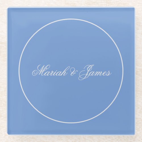 Blue Plain Elegant Minimalist Names Calligraphy Glass Coaster