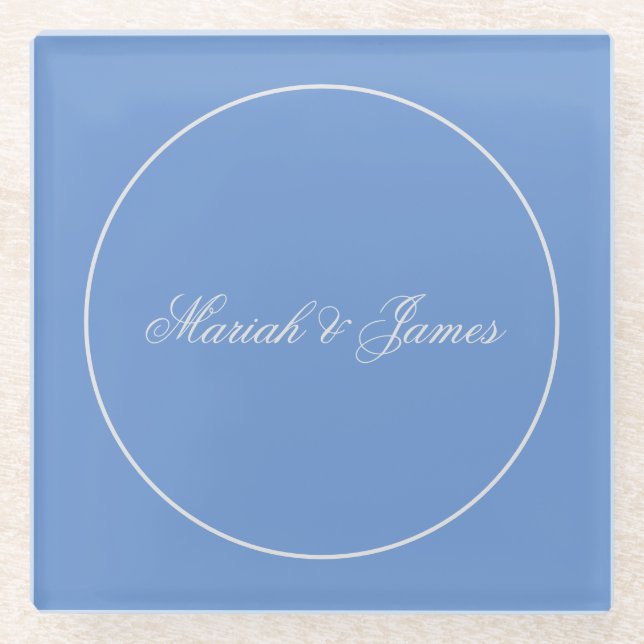 Blue Plain Elegant Minimalist Names Calligraphy Glass Coaster (Front)