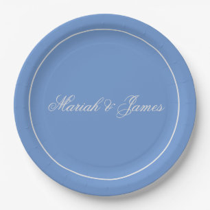 Blue Plain Elegant Minimalist Names Calligraphy Paper Plates