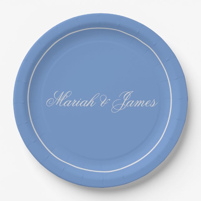 Blue Plain Elegant Minimalist Names Calligraphy Paper Plates (Front)