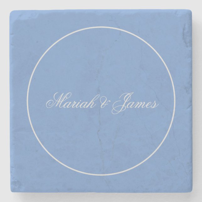 Blue Plain Elegant Minimalist Names Calligraphy Stone Coaster (Front)