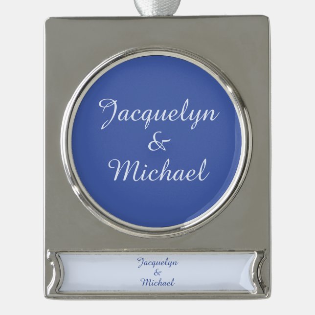 Blue Plain Elegant Modern Calligraphy Name Silver Plated Banner Ornament (Front)