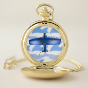 Blue Plane Aviation Sky Blue Cloud Pocket Watch