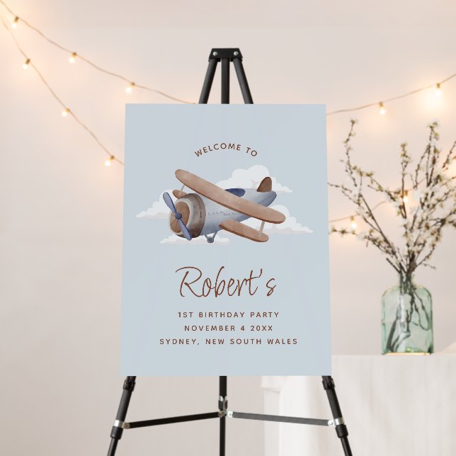 Blue Plane Birthday, Time Flies Airplane Welcome  Foam Board (In Situ (Stand))