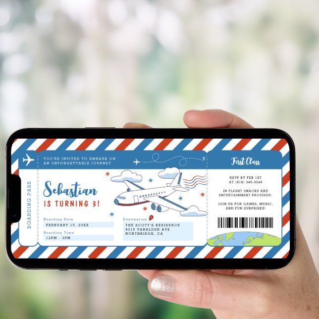 Blue Plane Boarding Pass Birthday Ticket Invitation (Front Digital)