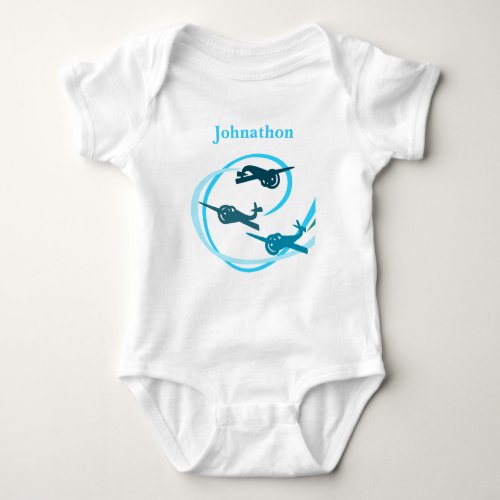 Blue planes with swirling vapor trails baby bodysuit