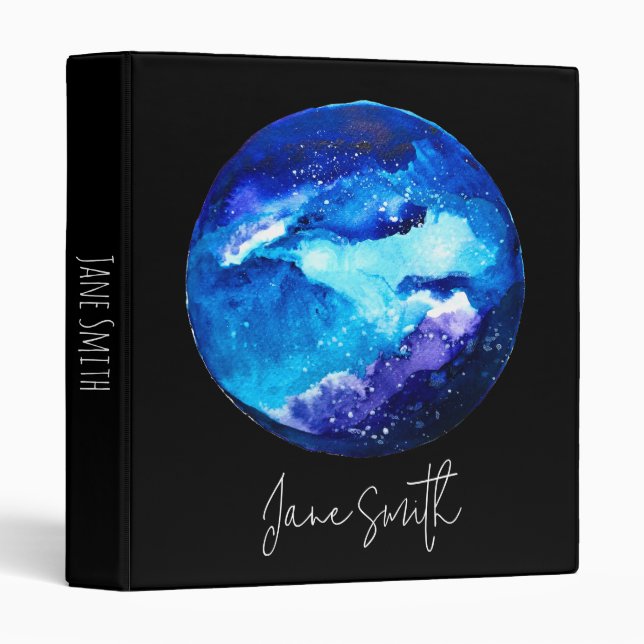 Blue planet nebula galaxy watercolor 3 ring binder (Front/Spine)