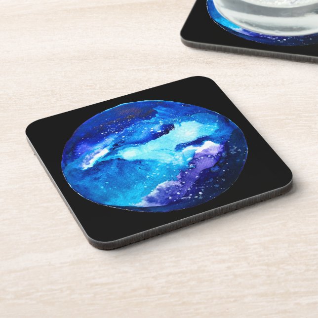 Blue planet nebula galaxy watercolor beverage coaster (Left Side)