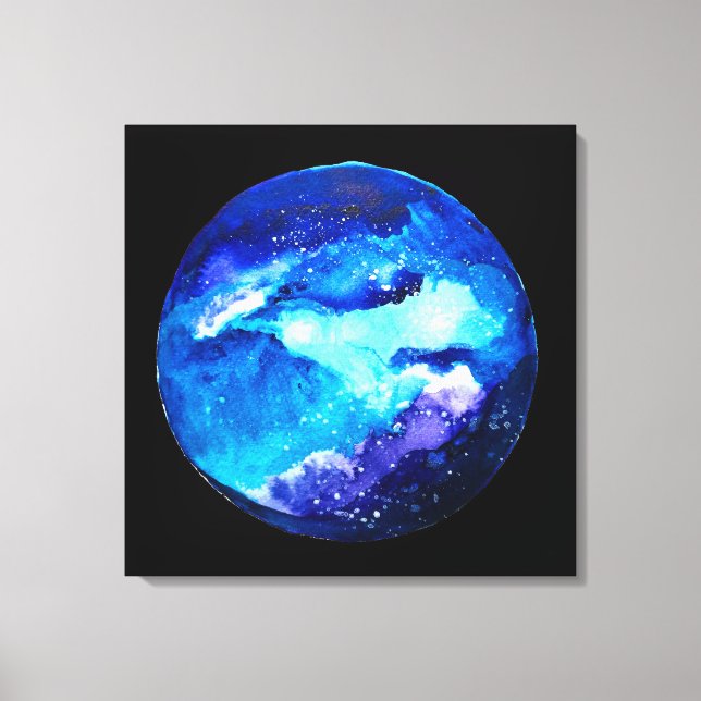 Blue planet nebula galaxy watercolor canvas print (Front)