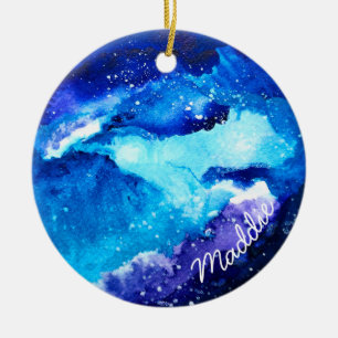 Blue planet nebula galaxy watercolor ceramic ornament