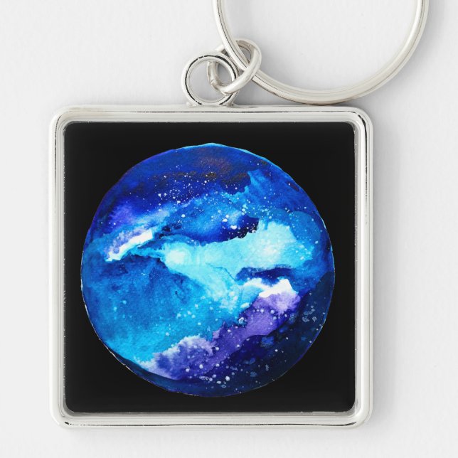 Blue planet nebula galaxy watercolor keychain (Front)