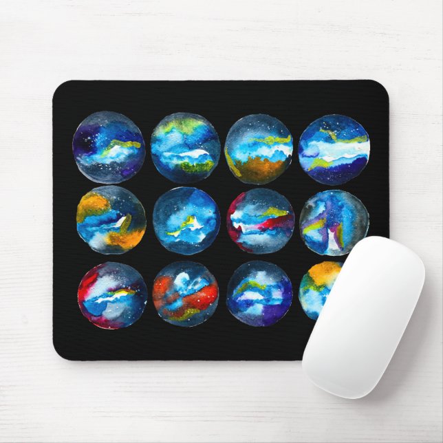 Blue planet nebula galaxy watercolor mouse pad (With Mouse)