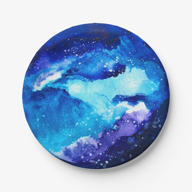 Blue planet nebula galaxy watercolor paper plates (Front)