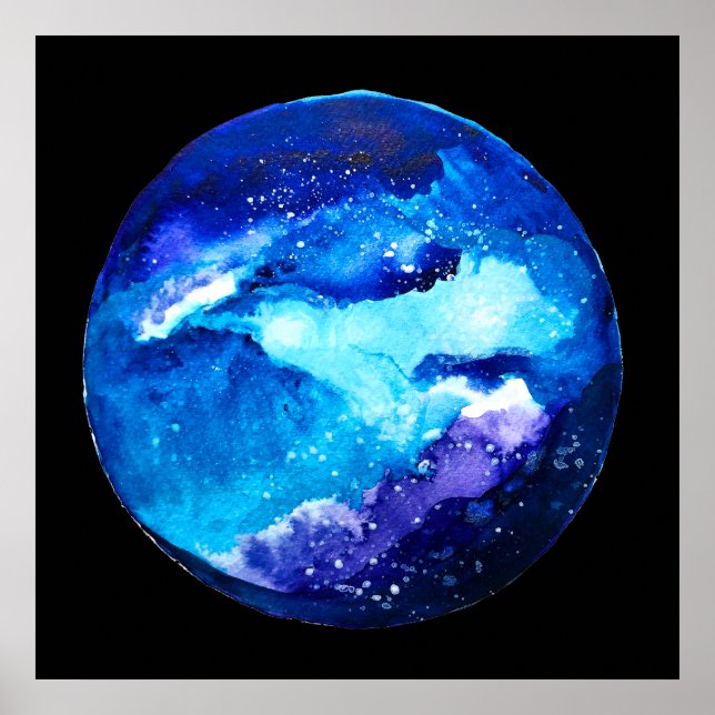 Blue planet nebula galaxy watercolor poster (Front)