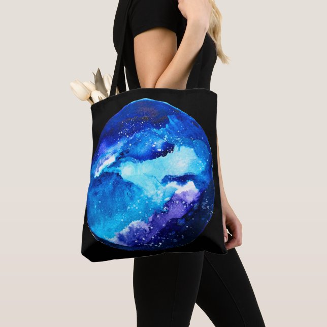 Blue planet nebula galaxy watercolor tote bag (Close Up)