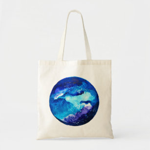 Blue planet nebula galaxy watercolor tote bag