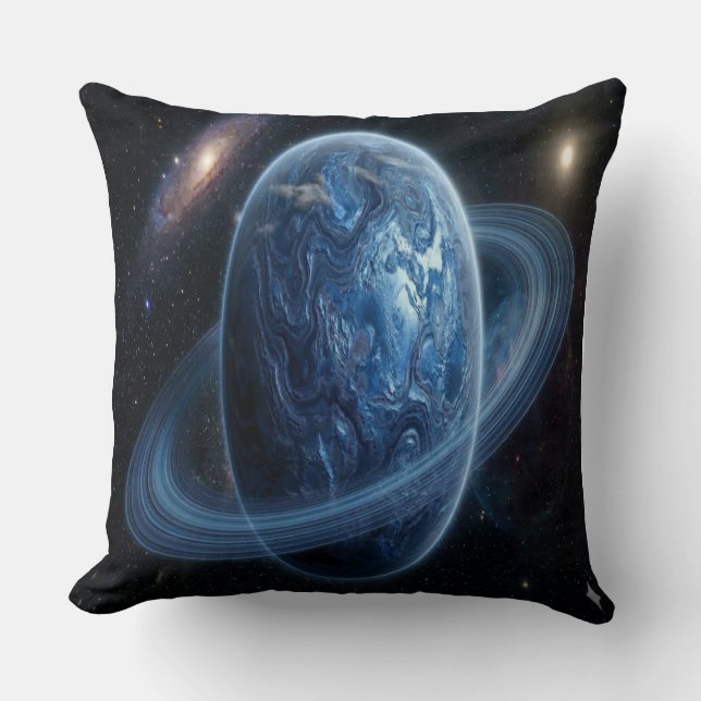 Blue Planet with Blue Rings Throw Pillow (Front)