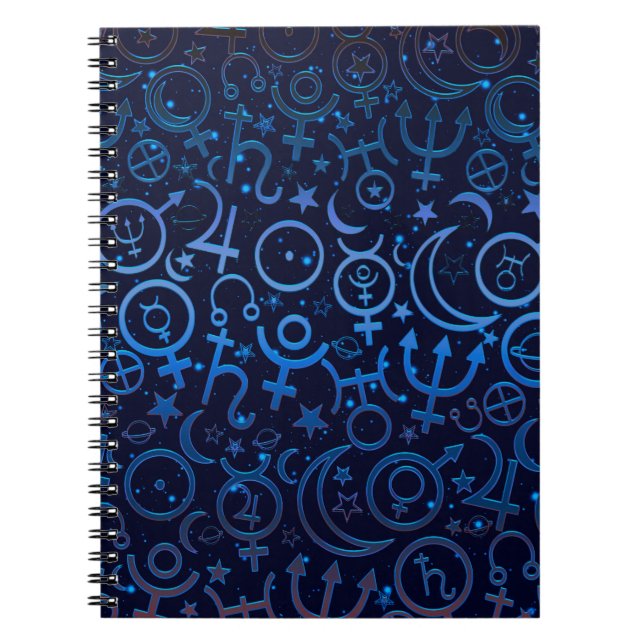 Blue Planetary Symbols Mystical Universe Planets Notebook (Front)